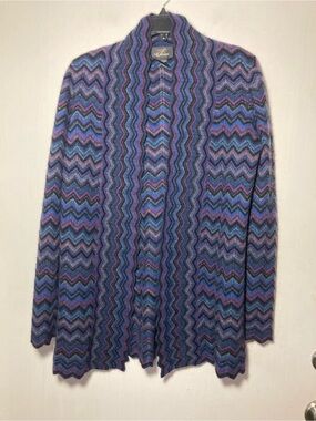 Pure Cashmere Open Front Cardigan Chevron Pattern Scalloped Edges Size Medium